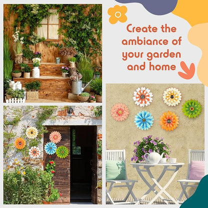 Zhehao 6 Pcs Metal Flower Wall Art Decor 8 Inch Sunflower Wall Decorations Hanging Outdoor Art Multicolored Handmade Metal Flowers Outdoor Decor(Elegant Color)