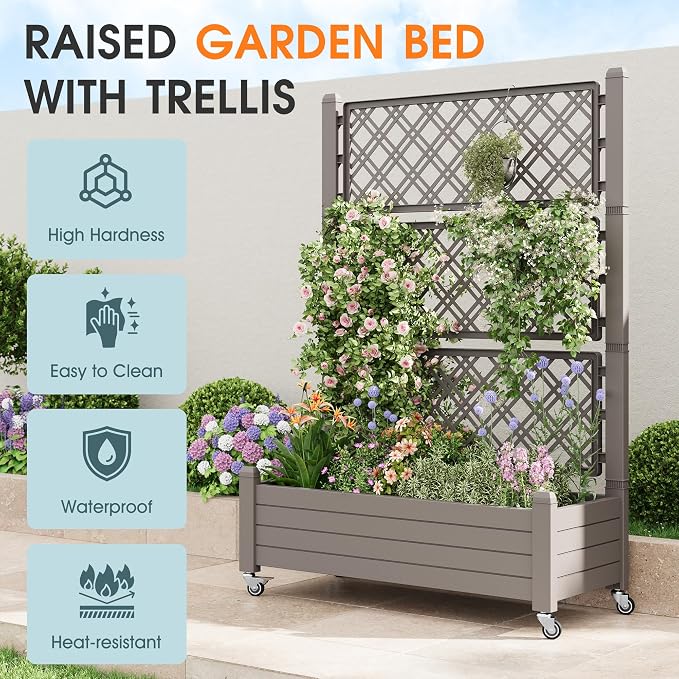 Resin Raised Garden Bed with Trellis and Wheels - Plasitc Planter Box with Trellis Outdoor with Drainage Holes & Water Monitor for Climbing Plants, Flower, Gray(61.2" H)