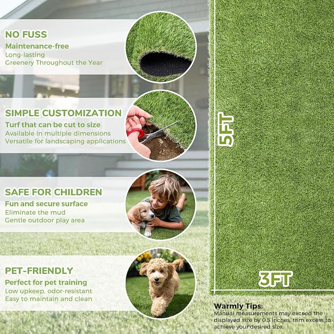 Artificial Grass Rug Indoor Outdoor, 3 x 5FT Faux Grass Turf with Drainage Holes, Realistic Artificial Lawn Rug Dog Pets Mat, Turf Carpet for Garden Lawn Landscape Balcony Patio Backyard Decor