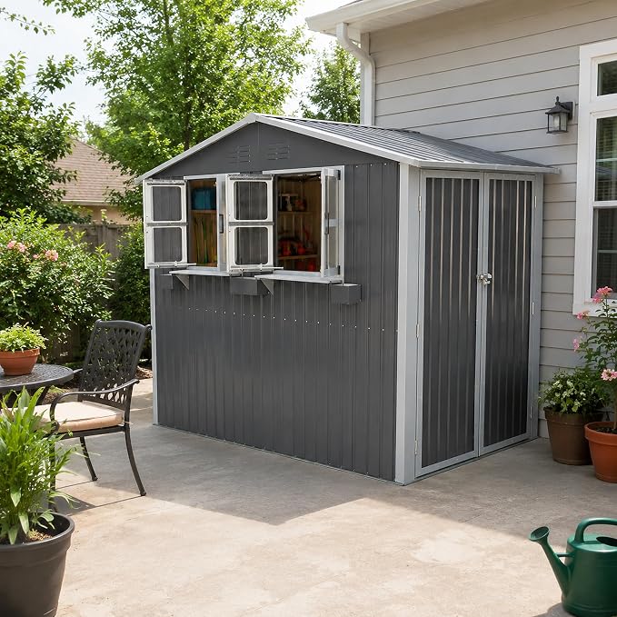 6x9 FT Outdoor Storage Shed with 2 Clear Openable Windows,Waterproof Metal Building Backyard Shed w/Windowsill & Garden Bed Flower Rack,Lockable Double Doors Tool Shed,Waterproof,for Yard,Gray
