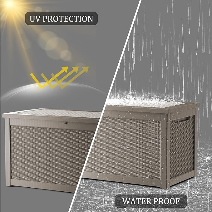 325 Gallon Outdoor Storage Box Waterproof, Lockable Resin Deck Box Large Storage Bin for Patio Furniture Cushion, Garden Tools, Pool Accessories, UV-Resistant Outside, Grey