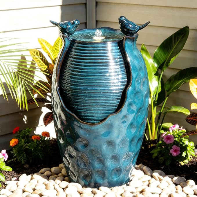 Autodaya 25" H Jar Ceramic Outdoor Water Fountain with LED Lights and Birds | Elegant Turquoise Glaze with Bubble-Like Texture, Decorative Garden Water Feature, cascading water flow for yard sanctuary