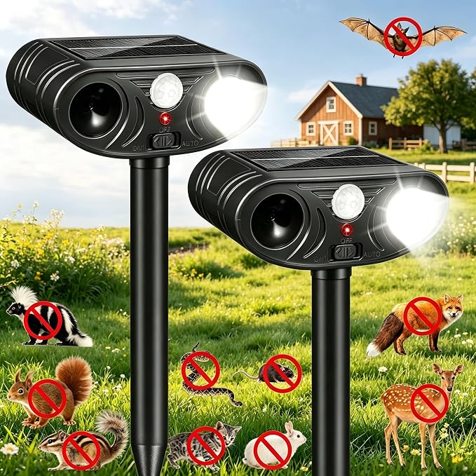 2 Pack Animal Repellent Sonic Fortress Pro Deer Repellent Device Outdoor | Animal Repeller for Garden, Squirrel Fortress Pro with PIR&Flashing Light for Rabbit Fox Raccoon Cats Repellent Outdoor