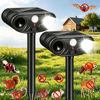2 Pack Animal Repellent Sonic Fortress Pro Deer Repellent Device Outdoor | Animal Repeller for Garden, Squirrel Fortress Pro with PIR&Flashing Light for Rabbit Fox Raccoon Cats Repellent Outdoor