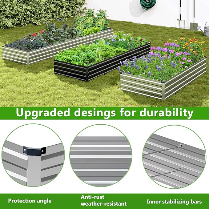 2PCS 8x4x1ft Galvanized Raised Garden Bed,Outdoor Planter Box Metal Patio Kit Planting Bed for Vegetables Flowers Herb,Silver