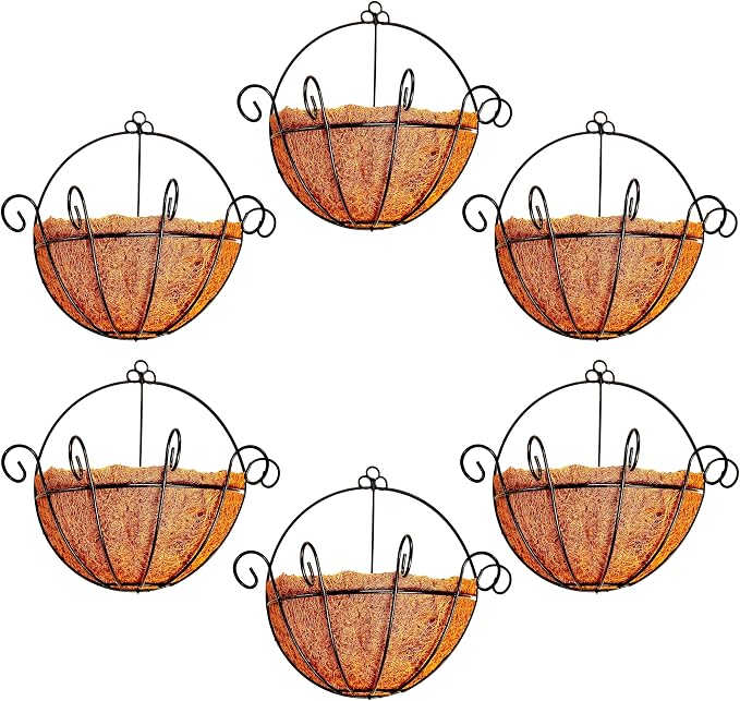 Shoplala Wall Planters Outdoor Plants (10 Inch, 6 Pack) Balcony Planters Railing Hanging Fence Planter Over Railing with Coco Liner, Wall Mounted Flower Basket Black Metal Wire Deck Porch Patio Garden