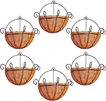 Shoplala Wall Planters Outdoor Plants (10 Inch, 6 Pack) Balcony Planters Railing Hanging Fence Planter Over Railing with Coco Liner, Wall Mounted Flower Basket Black Metal Wire Deck Porch Patio Garden