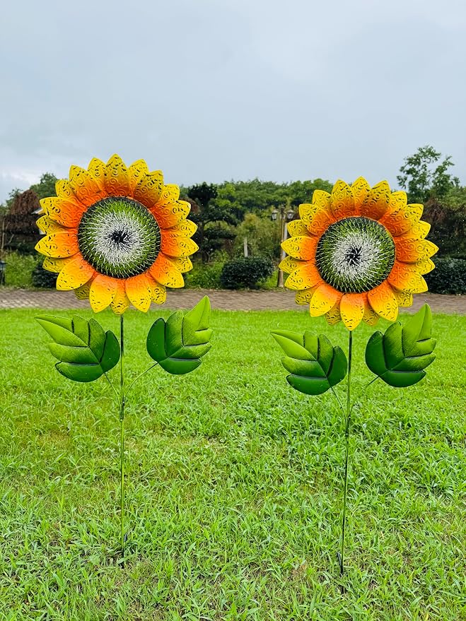 Garden Decor for Outside,2 Pack 40 inch Sunflower Garden Stakes Spring Decor, Metal Flower Yard Art for Outdoor Lawn Ornaments, Garden Pathways, and Patio Decoration