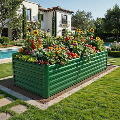 YITAHOME 6pcs 8x4x2 ft Galvanized Raised Garden Bed Kit, Large Metal Planter Box with Gloves, Safety Rubber & Support Rod, Outdoor Flower Bed for Plants Vegetables, Green