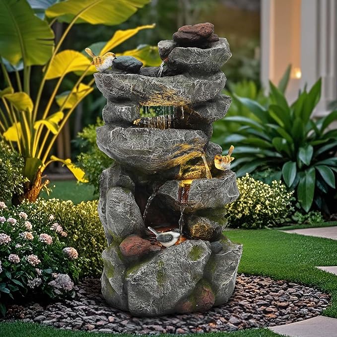 AUTODAYA 31.5" H Multi-Tier Rock Outdoor Fountain with LED Lights&Birds | Unique Water Feature with both Cascading Waterfall and Rainy Look Waterfall for Patio, Backyard, Garden or Porch