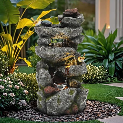 AUTODAYA 31.5" H Multi-Tier Rock Outdoor Fountain with LED Lights&Birds | Unique Water Feature with both Cascading Waterfall and Rainy Look Waterfall for Patio, Backyard, Garden or Porch