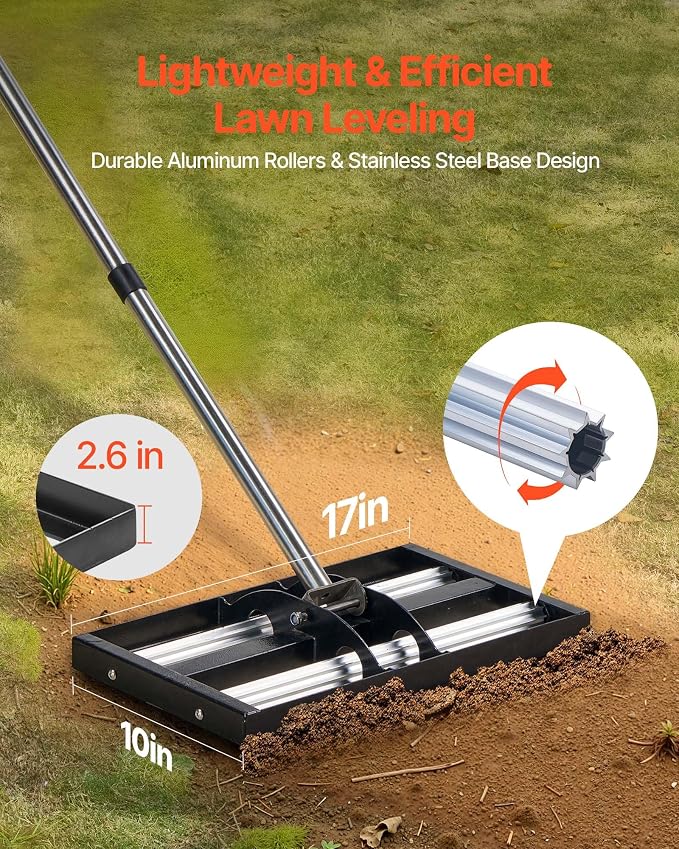 VEVOR Updated Lawn Leveling Rake with Roller, 17" x 10" Stainless Steel Lawn Leveler with 63.4" Adjustable Handle, Heavy Duty Yard Leveling Rake, Effort Saving Lawn Leveling Tool for Yard Golf Court