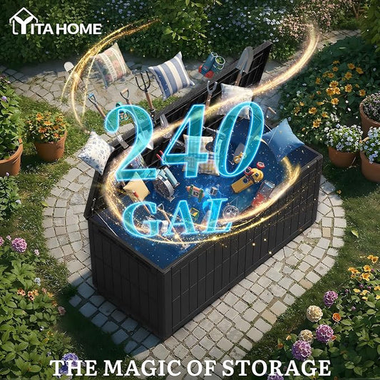 YITAHOME 240 Gallon Large Outdoor Storage Box XXL Resin Deck Box with Lock | Extra-Large Waterproof Patio Furniture Bin and 3-Person Bench Seating for Garden Tools & Pool Accessories, Black