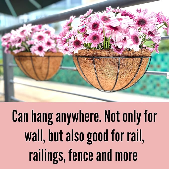 LaLaGreen Wall Hanging Planters for Plants (12 Inch, 6 Pack) Wall Mounted Flower Baskets with Coco Liner, Black Metal Iron Wire Plant Holder for Outdoor Fence Railing Outside Deck Porch Balcony Garden