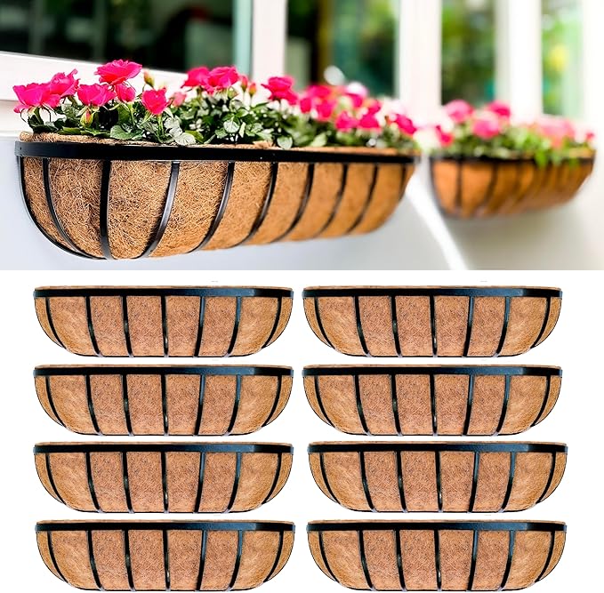 LaLaGreen Outdoor Wall Planter for Plants (24 Inch, 8 Pack) Large Black Metal Basket with Coco Liner, Window Flower Box Deck Railings Hanging Balcony Plant Holder Pot Garden Fence Balcony Patio Rail