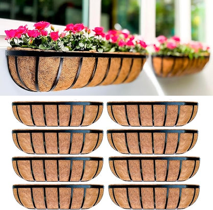 LaLaGreen Outdoor Wall Planter for Plants (24 Inch, 8 Pack) Large Black Metal Basket with Coco Liner, Window Flower Box Deck Railings Hanging Balcony Plant Holder Pot Garden Fence Balcony Patio Rail