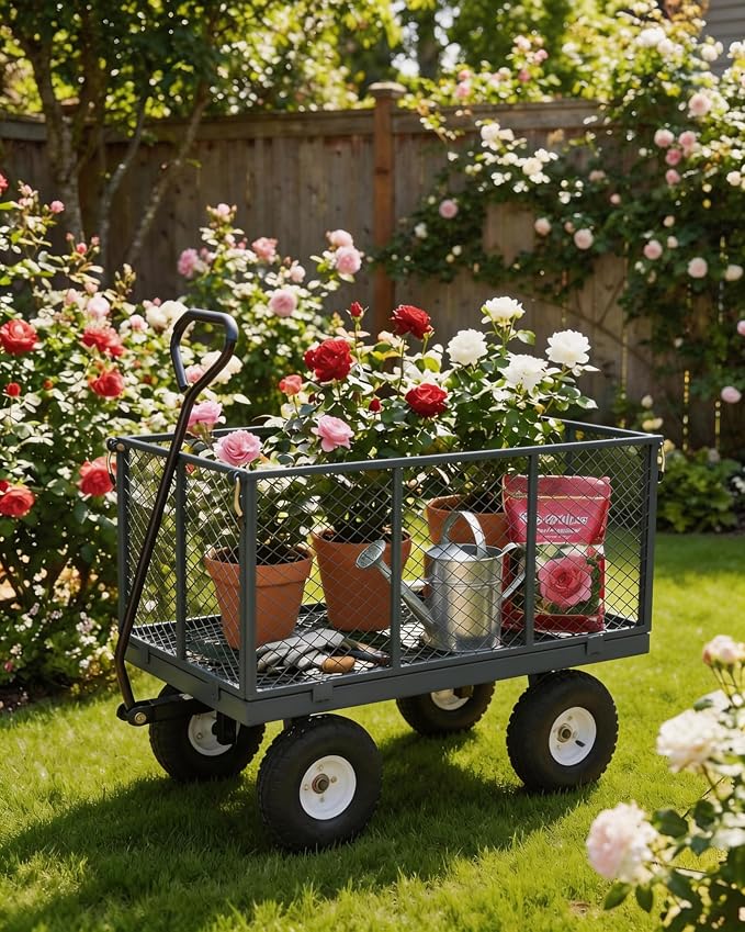 GarveeTech 1000LBS Heavy Duty Steel Garden Cart, Garden Wagon Cart on Wheels, Metal Yard Utility Wagon with Removable Mesh Sides, 13" All Terrain Tires, 180° Rotating Handle for Lawn, Garden, Farm