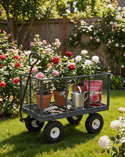 GarveeTech 1000LBS Heavy Duty Steel Garden Cart, Garden Wagon Cart on Wheels, Metal Yard Utility Wagon with Removable Mesh Sides, 13" All Terrain Tires, 180° Rotating Handle for Lawn, Garden, Farm