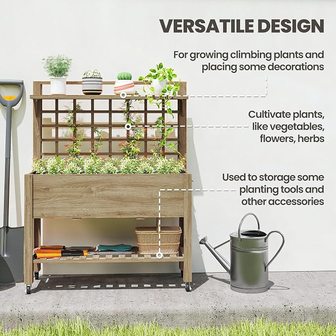 Outsunny 41" Raised Garden Bed with Trellis on Wheels, Wooden Elevated Planter Box with Legs and Bed Liner, for Flowers, Herbs & Vegetables, Dark Brown