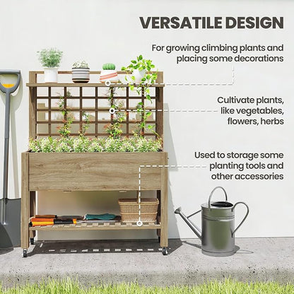 Outsunny 41" Raised Garden Bed with Trellis on Wheels, Wooden Elevated Planter Box with Legs and Bed Liner, for Flowers, Herbs & Vegetables, Dark Brown