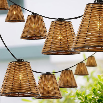 JONATHAN Y 10' Brown 10-Light Indoor/Outdoor LED String Lights for Patio, Classic Cottage Faux-Rattan Shaded Hanging Lights for Balcony, Deck, Coastal Decor JYL8706A