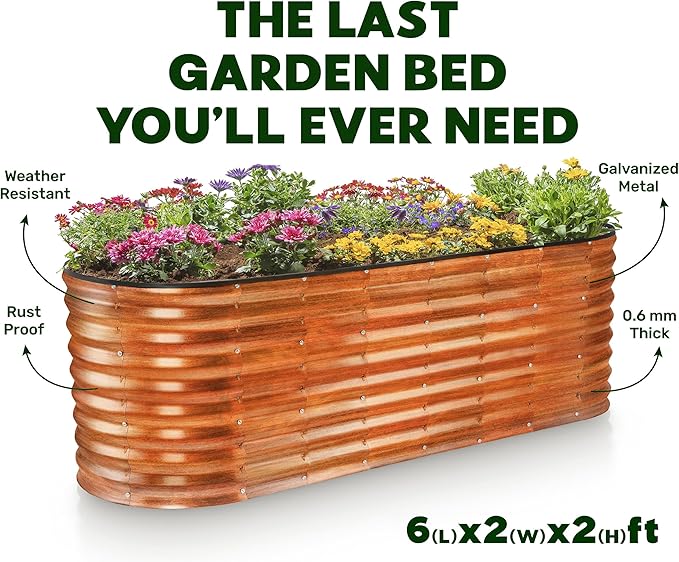 Plant & Plot Galvanized Raised Garden Beds Outdoor // 6×2×2 ft Planter Raised Beds for Gardening, Vegetables, Flowers (Dark Wood Grain) // Large Metal Garden Box // Patented Tool-Free Design