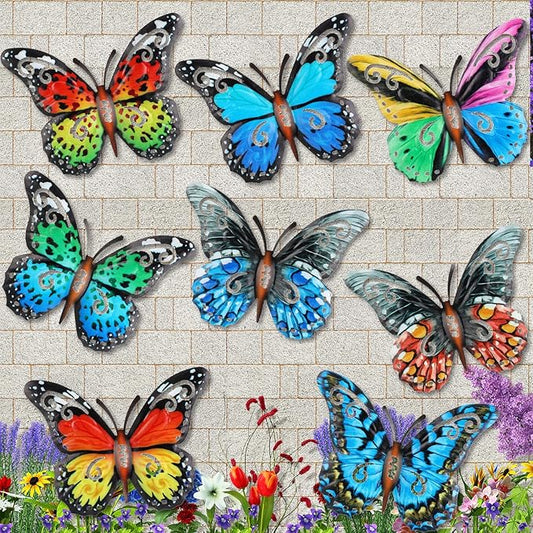 Jetec 8 Pcs Metal Butterfly Wall Decor 6.5 Inch Outdoor Butterflies Wall Art Sculpture 3D Butterfly Hanging Decoration for Spring Outside Fence Garden Yard Home Patio Balcony(Stylish Style)
