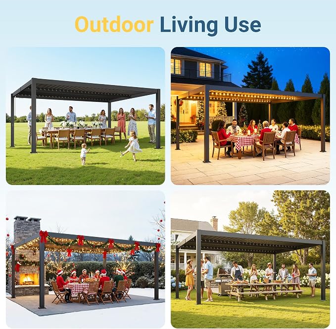 12' x 16' Louvered Pergola, Aluminum Frame Outdoor Pergola with Adjustable Louvered Roof & Integrated Gutter System, Hardtop Patio Gazebo for Backyard, Deck, Garden, Dark Gray