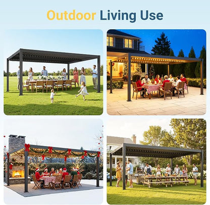 12' x 16' Louvered Pergola, Aluminum Frame Outdoor Pergola with Adjustable Louvered Roof & Integrated Gutter System, Hardtop Patio Gazebo for Backyard, Deck, Garden, Dark Gray