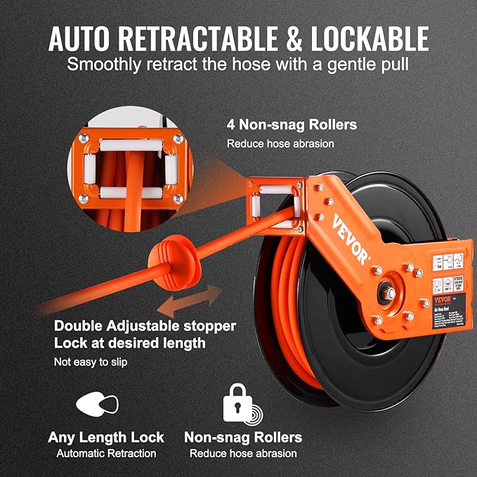 VEVOR Retractable Air Hose Reel 3/8 IN x 50 FT Hybrid Air Hose Max 300PSI | 5ft Lead in, Ceiling/Wall Mount, Single Arm, Heavy Duty Steel Air Compressor Hose Reel