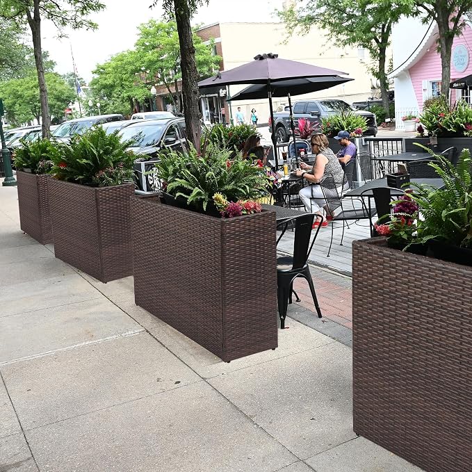 LEWIS&WAYNE Tall Planters for Outdoor Wicker Large Rectangular Block Box | All-Weather, Handmade PE Rattan, Removable Liner, Indoor Outdoor, Patio Porch Garden, Modern Design