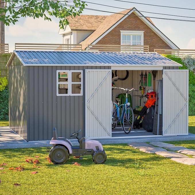 YOPTO 12x10 FT Outdoor Storage Shed, Large Metal Garden Tool Shed with Updated Frame Structure,Lockable Doors and Window,Ideal for Backyard Garden Patio Lawn, Grey