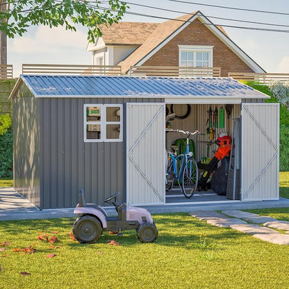 YOPTO 12x10 FT Outdoor Storage Shed, Large Metal Garden Tool Shed with Updated Frame Structure,Lockable Doors and Window,Ideal for Backyard Garden Patio Lawn, Grey