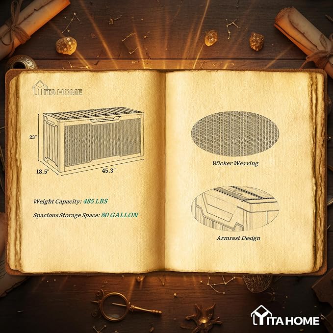 YITAHOME 80 Gallon Outdoor Storage Box | Large Water Resistant Resin Deck Box w/Silver Decorative PVC Trim Panel, Lockable Rattan Storage Container for Patio, Garden