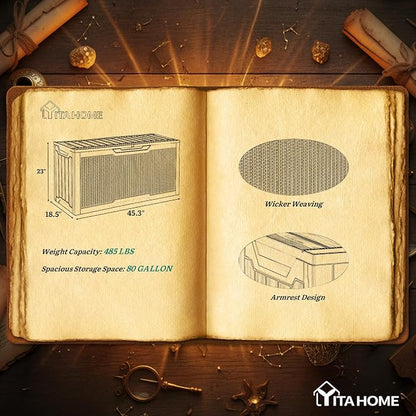 YITAHOME 80 Gallon Outdoor Storage Box | Large Water Resistant Resin Deck Box w/Silver Decorative PVC Trim Panel, Lockable Rattan Storage Container for Patio, Garden