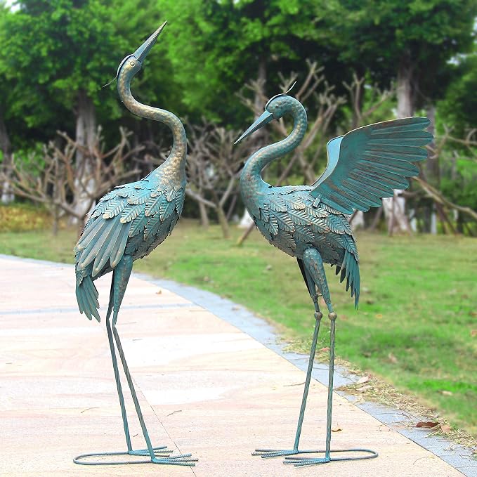 33-37 Inch Metal Crane Garden Statue Décor, Bird Garden Sculpture & Statues, Outdoor Decoration for Yard Patio Lawn Backyard Pool, Spring Decorations for Home, Set of 2