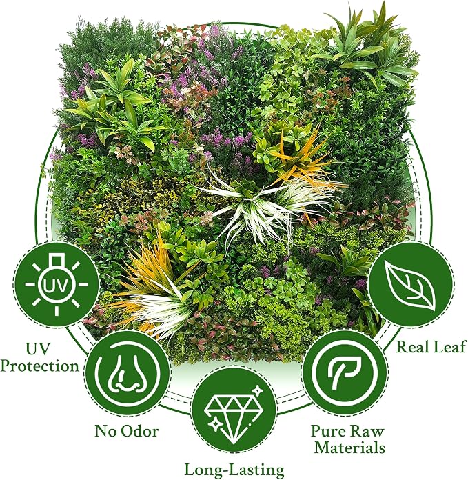 ODTORY Artificial Greenery Grass Wall Panels: 20''x 20'' 16P(45 sqft) | UV-Anti, Faux Ivy Privacy Fence Screen, Boxwood Backdrop, Vine Leaf Hedges Roll, Patio/Balcony/Garden/Backyard, Green Decor