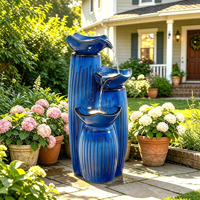Autodaya 30"H Ceramic Water Fountain Outdoor, 3-Tier Geometric Lotus Design | Patio Fountain with Fluted Texture, Relaxing Cascading Waterfalls, Modern Water Feature for Garden Lawn Porch Yard Art Decor