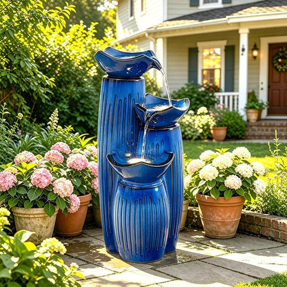Autodaya 30"H Ceramic Water Fountain Outdoor, 3-Tier Geometric Lotus Design | Patio Fountain with Fluted Texture, Relaxing Cascading Waterfalls, Modern Water Feature for Garden Lawn Porch Yard Art Decor