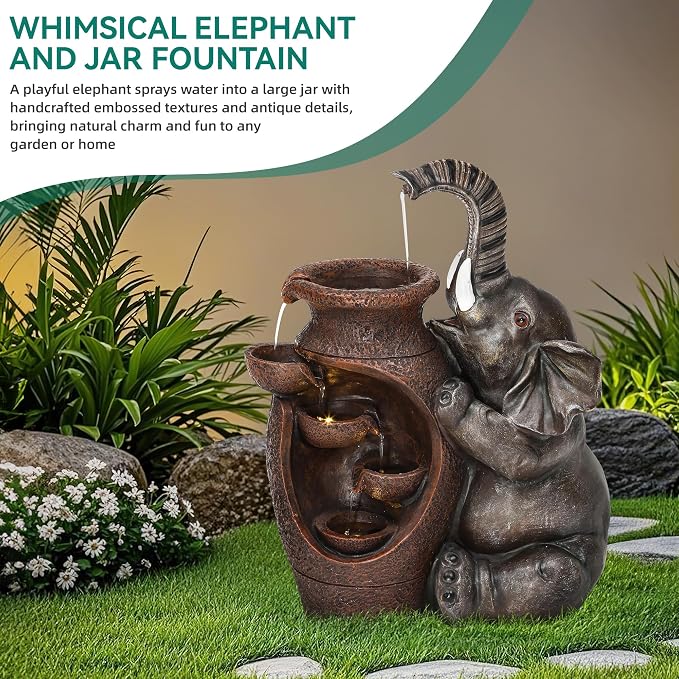 AUTODAYA 19" H Elephant Statue Outdoor Water Fountain with Warm LED Lights | Rustic Farmhouse Water Feature with Tranquil Cascading Waterfall for Garden Patio Yard Deck Kitchen Floor Tabletop Decor