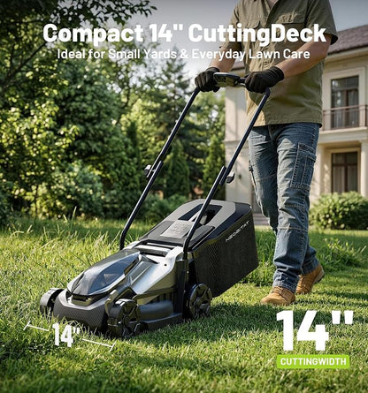 20V 14" Electric Lawn Mower, Cordless Lawn Mower with 8.0Ah Battery, Brushless Push Mower with 5-Position Height, 2-in-1 Mulching & Bagging, Lightweight Mower for Small Yards