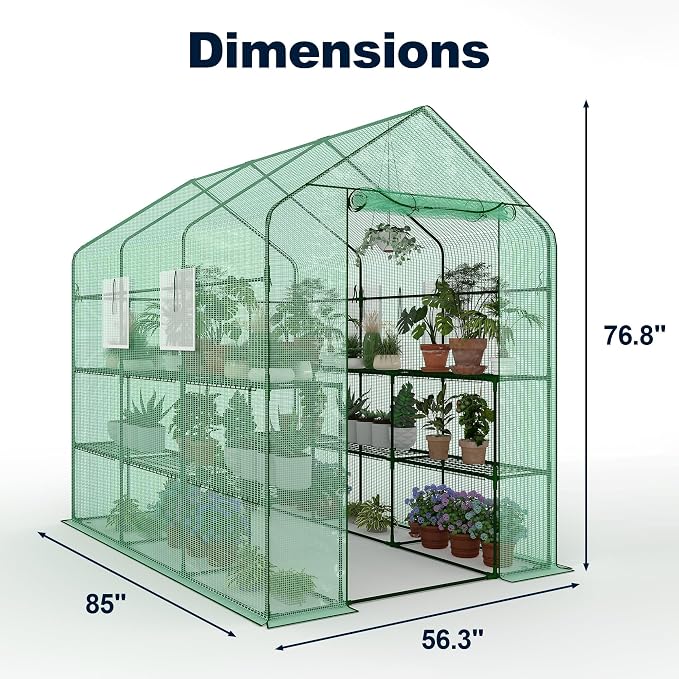 Greenhouse, 57 x 85 x 77'' Greenhouses for Outdoors, with Mesh Side Windows, PE Cover, 8 Shelves, Heavy Duty Walk in Green House for Backyard Garden Indoor, Green