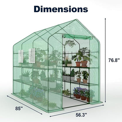 Greenhouse, 57 x 85 x 77'' Greenhouses for Outdoors, with Mesh Side Windows, PE Cover, 8 Shelves, Heavy Duty Walk in Green House for Backyard Garden Indoor, Green