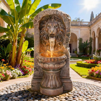 AUTODAYA 30" Lion Head Outdoor Fountain LED Cascading Waterfall, Bronze | Rustic Stone Pedestal,faux bronze granite texture,garden patio yard decor