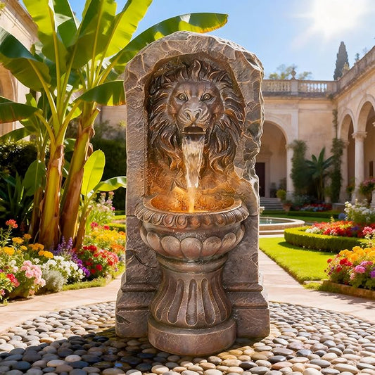 AUTODAYA 30" Lion Head Outdoor Fountain LED Cascading Waterfall, Bronze | Rustic Stone Pedestal,faux bronze granite texture,garden patio yard decor
