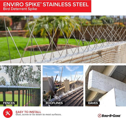 Bird B Gone - Pre-Assembled EnviroSpike Stainless Steel Anti Bird Spikes (100') - UV-Stabilized Polycarbonate Base - Humane Deterrent - Stops Pigeons & Birds from Roosting On Rooftops, Ledges, Fences