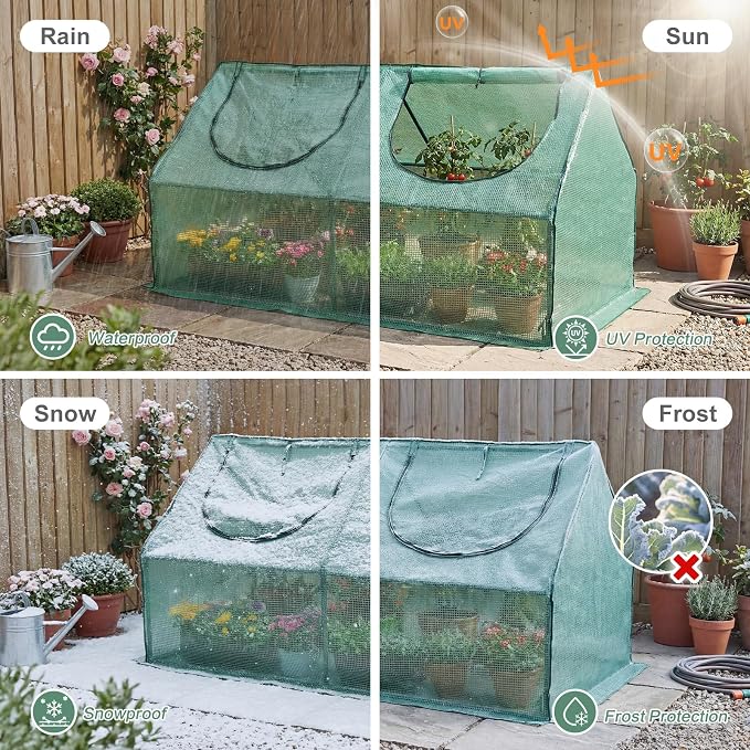 Aoodor 4 x 2 x 2 ft Mini Greenhouse with 2 Zipper Doors, Water Resistant, UV Protected for Flowers, Vegetables and Herbs, Green