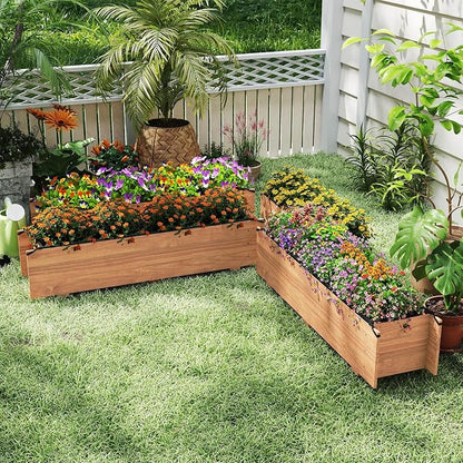 HAPPYGRILL Raised Garden Bed, 44" x 11" x 10" Wood Flower Planter Box w/4 Drainage Holes, Black Liner for Containing Soil, Indoor Outdoor Wooden Elevated Garden Bed for Vegetable Flower Herb, Orange