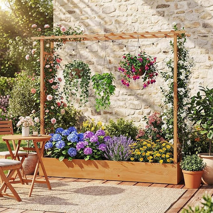 HAPPYGRILL Raised Garden Bed with Trellis, Freestanding Wood Planter Box w/Hanging Roof & Drainage Holes for Vine, Climbing Plants, Flowers, Outdoor Planter with Trellis for Garden, Patio, Yard (2)