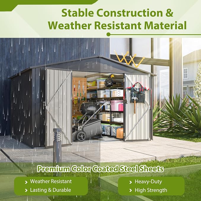 YOPTO 10X8 FT Outdoor Storage Shed,Metal Shed W/Lockable Doors,Black | Air Vents,Sloped Roof for Drainage,All Weather Waterproof,Galvanized Steel Tool Shed for Garden,Patio,Backyard,Lawn